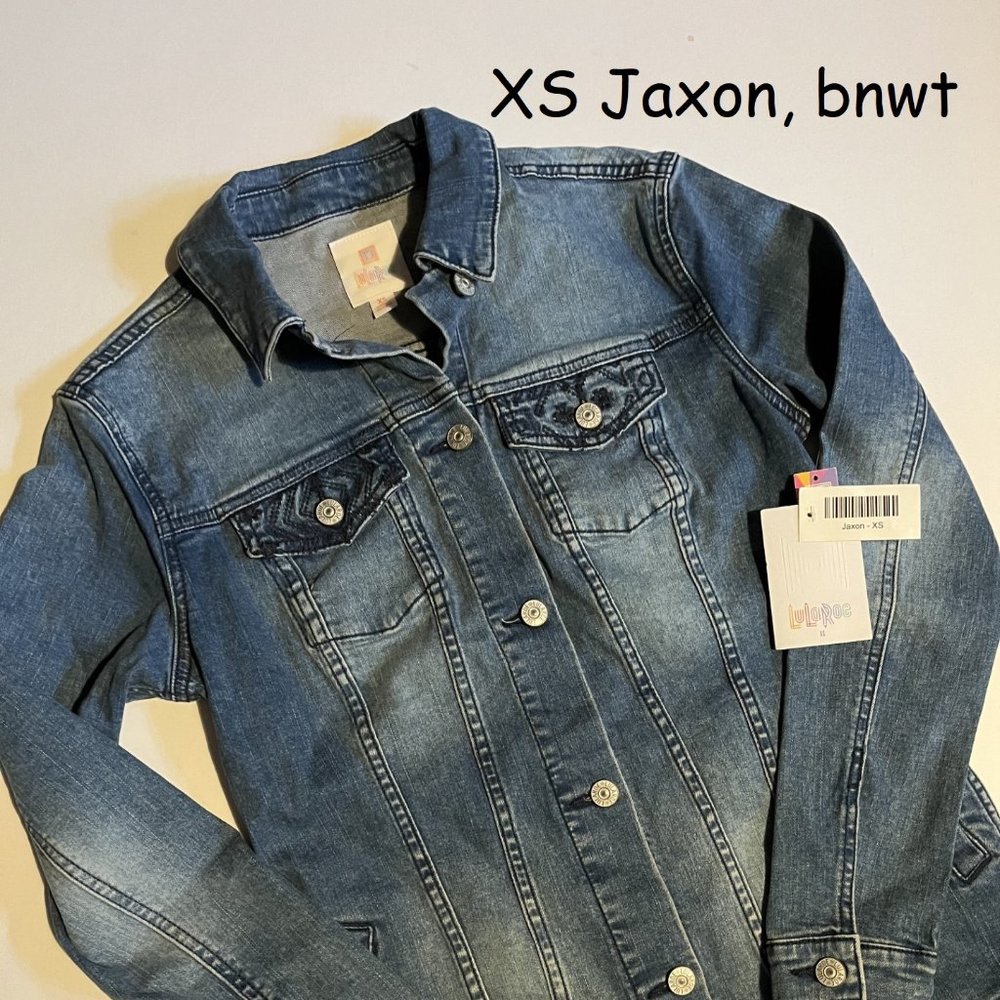 XS Lularoe Jaxon jean jacket, blue denim embroidered